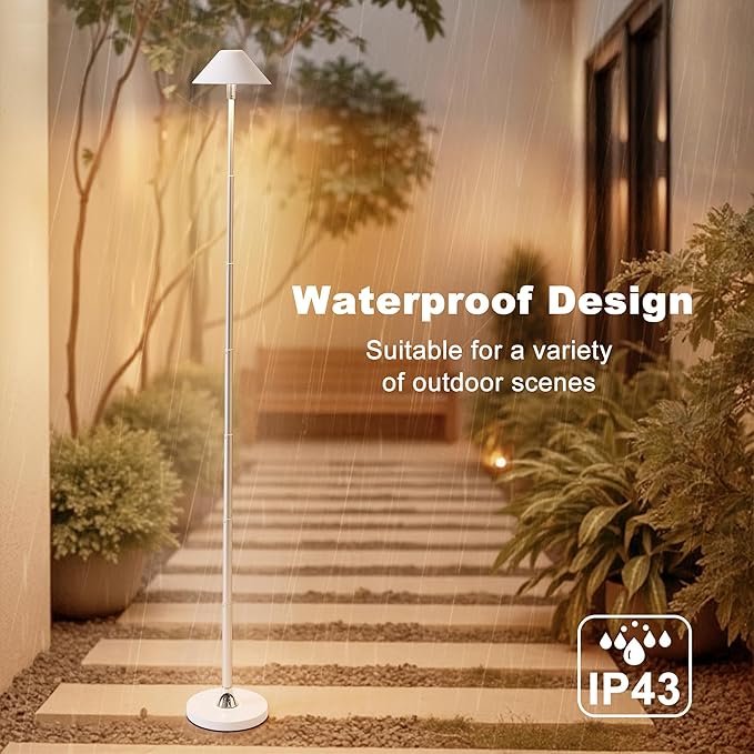 Rechargeable Floor Lamp for Indoor/Outdoor, Cordless Tall Standing Lamp with 3 Color Temps & Dimmable, IP43 Waterproof, Adjustable Height 16-56 Inch, Portable Pull-Up Lamp for Camping, Patio(White)