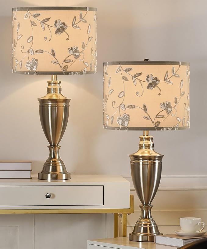 Creme Fabric Drum Lamp Shade with Embroidered Leaf Trim 13" Top x 13" Bottom x 10" High (Spider) Set of 2 Medium Lamp Shade for Table & Bedside Lamp Replacement Lampshades in Hand Crafted