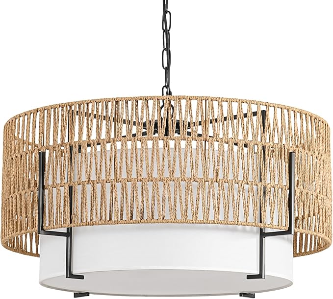 6-Light Large Rattan Chandelier, 25.6" Boho Pendant Light with Fabric Shade, Farmhouse Ceiling Light Fixture Chandelier for Dining Room, Living Room, Bedroom, Kitchen Island, Foyer, Hallway