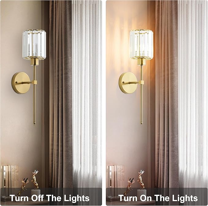 Hardwired Crystal Wall Sconces Set of Two - Dimmable Wall Light Fixtures 3000K, Warm White, for Hallway, Bathroom, Living Room, Bedroom, Brass, 20.1 Inch