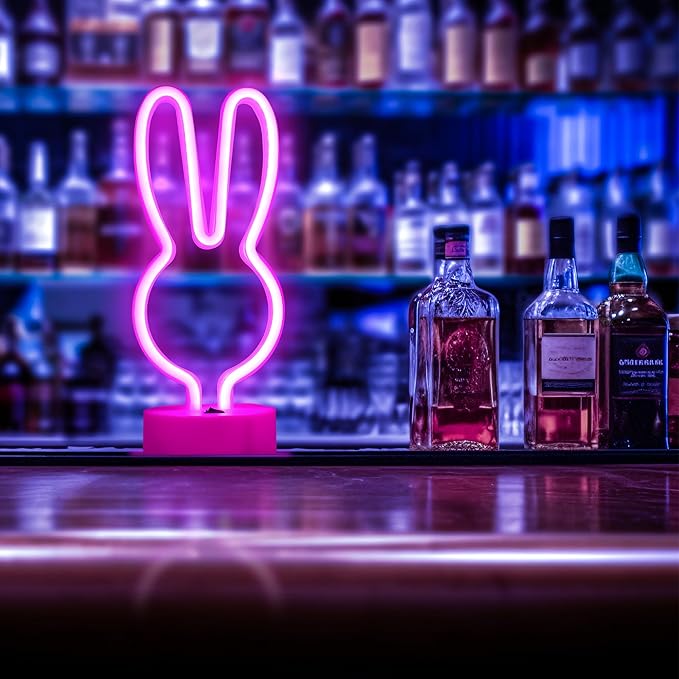 BAILEY Rabbit Ears Neon Sign,Easter Bunny Rabbit LED Lights with Holder Base,USB or 3-AA Battery Powered Neon Light of Business Premises for Christmas Easter Party Holiday Night Bedroom Gifts (Pink)