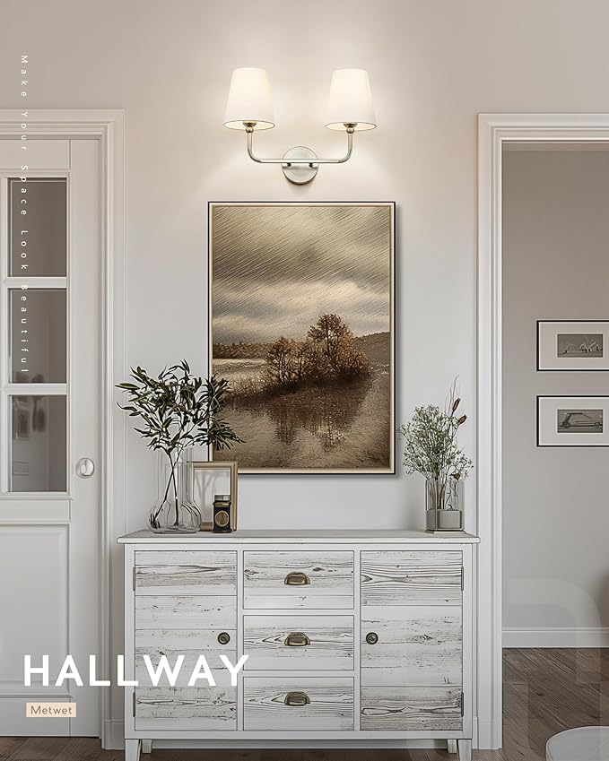 2-Light Bathroom Light Fixtures, Brushed Nickel Vanity Lights, Double Wall Sconce with Flared White Fabric Shade, Modern Sconces Wall Lighting for Hallway Bedroom Stairway, VL837-BN-2