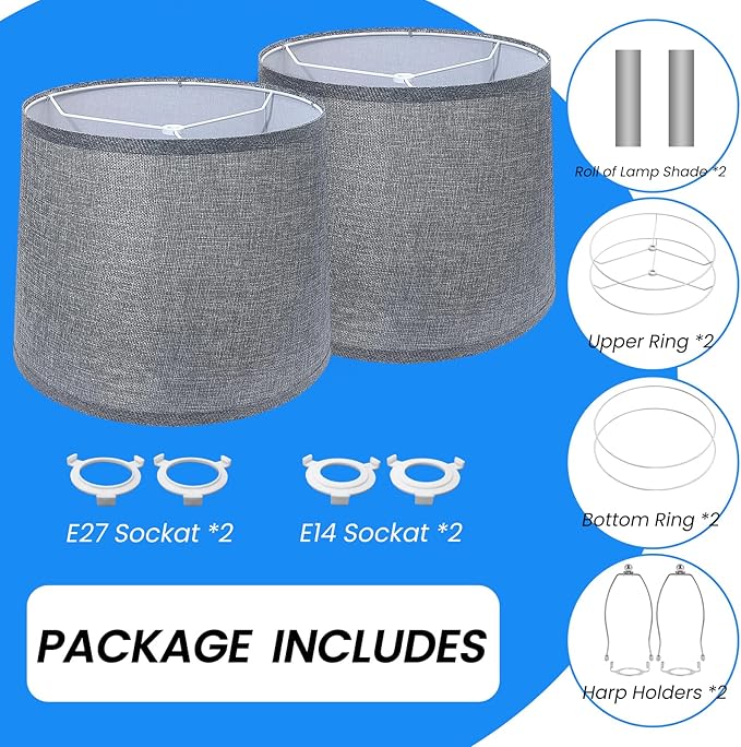 2 Pcs Lamp Shades with Harp, Modern Linen Drum Lamp Shade 11.4" Top x 12.6" Bottom x 9.8" High Lampshade Replacement for Table & Bedside Lamp, Grey