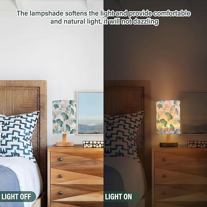 Fustylead Gold Teal Ginkgo Leaves Table Lamp for Bedroom USB Port Lamps Small Accent Table Lamp Nightstand Lamp Study Linen Shade with Wooden Base, Decorative Lamps for Bedside Reading|Kids|Dorm|Home