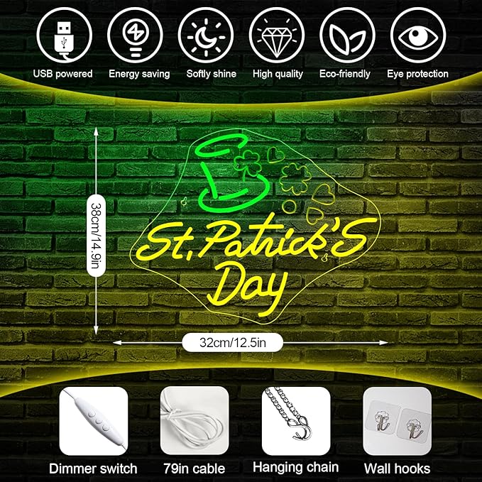 St Patricks Day Neon Sign,Dimmable St. Patrick's Day Neon Signs for Wall Decor,Green Hat Clover Neon Light Happy St. Patrick's Day Decoration USB Led Sign for Bedroom Living Room Wall Art