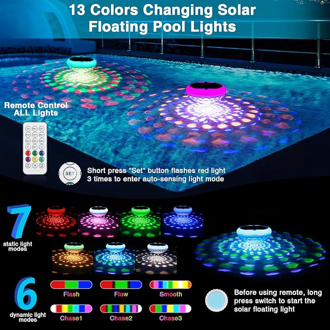 Solar Floating Pool Lights(2 PCS), USB Rechargeable Pool Lights with Remote, 6.7" 2600mAh IP68 Waterproof Floating Light 6 Dynamic Modes Upper and Lower Glow Hangable Light for Pond Patio Party