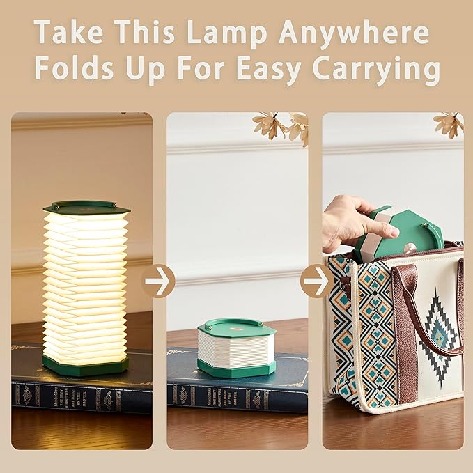 Paper Lamp House Warming Gifts, Portable Cordless Foldable Small Bedside Lamp, Retro Green Accordion Desk Lamp, Paper Lantern Lights 1200mAh, Japanese Gifts Collapsible Pleated Wireless lamp