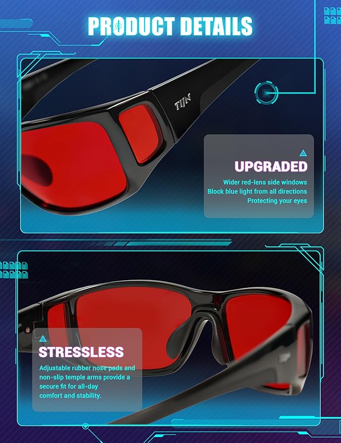TIJN Sonia Sleep Glasses for Blue & Green Light Blocking,Red Lens with Dual AR Coating,Wraparound Frame for Gaming Screen