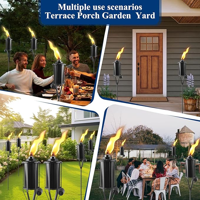 6 Pack Home Garden Torch, Large Capacity 16oz Outdoor Metal Torch Garden Décor,59-Inch Upgraded Citronella Torches with 3-Prong Grounded Stake, Table Top Torches for Party Patio Pathway