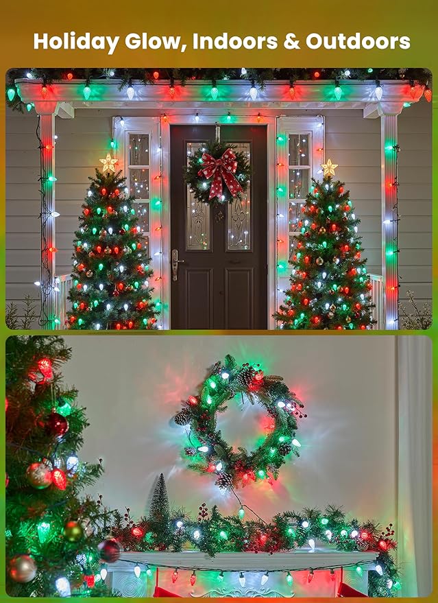 C9 LED Christmas Lights Outdoor, 99 Feet 150 LED C9 String Light with 150 Spring Clips, Waterproof Connectable Christmas Tree Lights for Outside Roofline Patio Home Xmas Decor, Red Green Pure White