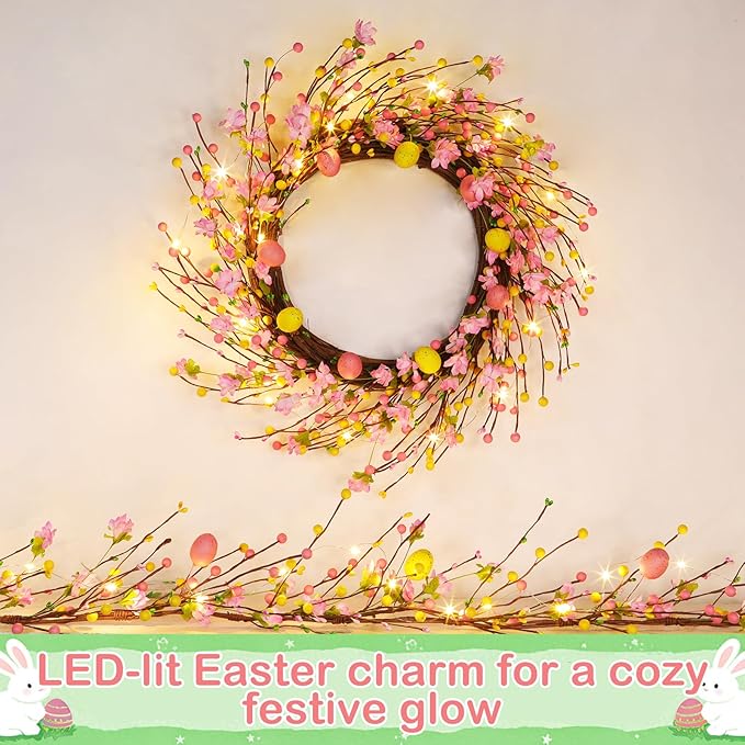 Timer - 20 Inch Easter Wreaths for Front Door with 20 Warm LED Lights Colorful Eggs, Battery Operated Easter Decorations fo Home Wall Window Indoor Outdoor Spring Holiday Decorations, Easter Gifts