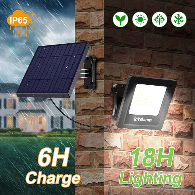 intelamp Solar Lights Outdoor, 4400mAh Solar Powered Flood Lights, Security Floodlight Dusk to Dawn Auto On/Off IP65 Waterproof for Wall Porch, Balcony, Yard, Garage Barn, Garden, Lawn