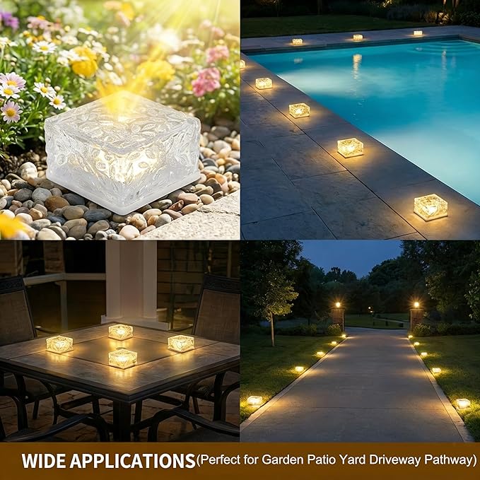 Solar Brick Lights Outdoor Waterproof - Recessed Solar Paver Lights, Ice Brick Design, No Wiring Needed,Landscape Lighting for Pathway,Garden, Patio, Yard, Driveway Decor (8, Warm White, Square)
