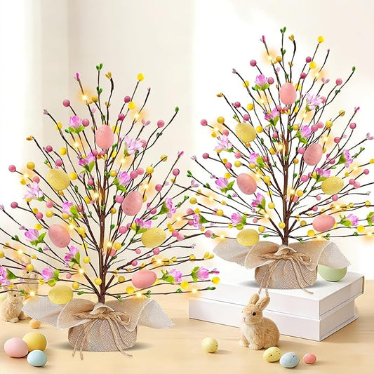 2 Pack & Timer - Easter Decorations, 18 Inch Lighted Easter Tree Tabletop with 20 LED Warm White Lights Pastel Eggs Floral Berries Battery Operated Easter Egg Tree Home Indoor Table Party Spring Decor