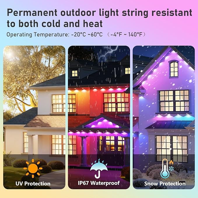 200FT Permanent Outdoor Lights,RGB+IC Eaves Lights with App & Remote Control,DIY Multi-Color Scene Modes,IP67 Waterproof,Outdoor Strings for House,Holiday Decorations for Halloween,Christmas