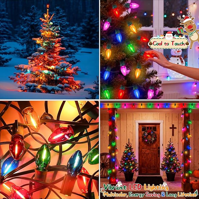 50 Feet Multi-colored C7 LED Christmas Lights Outdoor Colored Christmas Lights Waterproof with 50 + 5 Pack Energy Efficient C7 LED Bulbs (0.6W = 7W) for Colorful Xmas House Stairs Porch Tree Decor