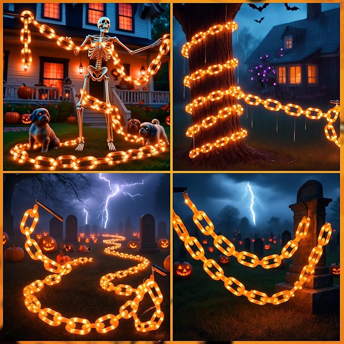 woohaha Halloween Decorations Plastic Chain Lights，10.5FT 175LED Orange Battery/USB Props Chains String Lights,8 Modes and Timer for Outdoor Halloween Party Creepy Cosplay Spooky Ornaments