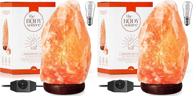 The Body Source Himalayan Salt Lamp 10-12 Inches (11-15lb) | Includes Dimmer Switch | Natural Salt Rock Lamp with Handcrafted Wooden Base & Night Light (Bulb Replacement) (Pack of 2)