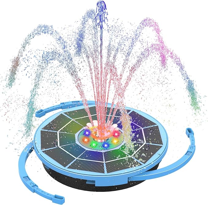 AISITIN 3.5W Solar Bird Bath Fountain with LED Colorful Lights & 3000mAh Battery, Solar Fountain Pump with 10 Nozzles, Solar Water Pump for Garden, Pond and Outdoor (Blue)