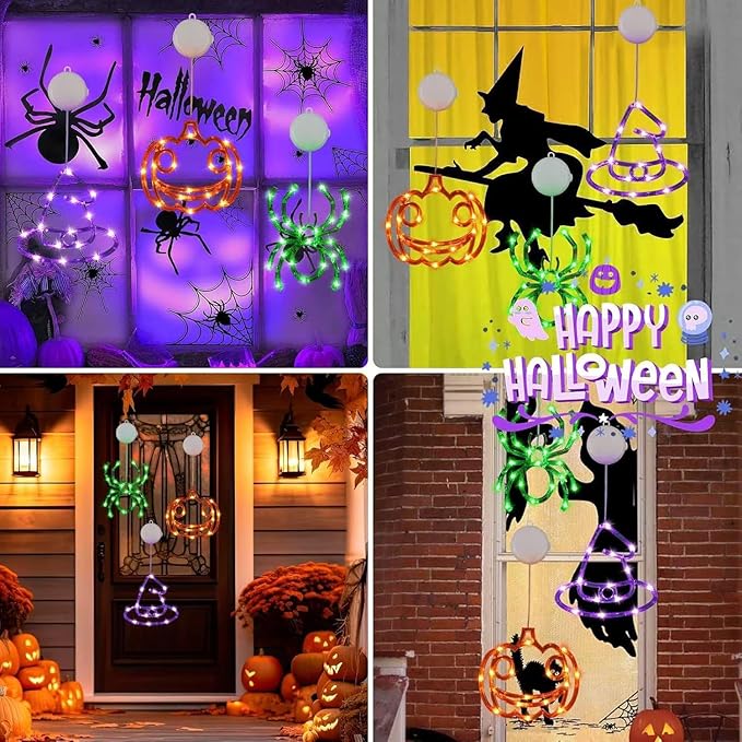 BHCLIGHT 3 Pack Halloween Window Lights Orange Pumpkin Purple Witch Hat Green Spider Battery Operated, Window Light with Suction Cup and Timer Function for Indoor Outdoor Halloween Party Decorations