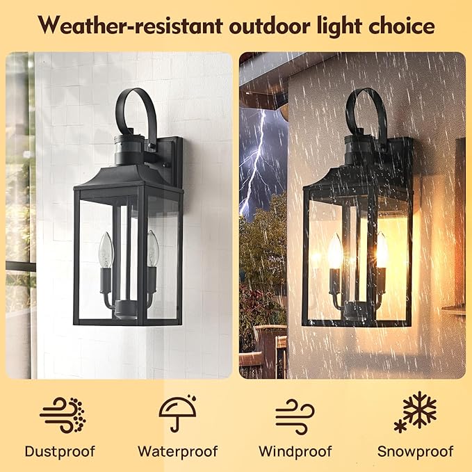 18.9" Black Motion Sensor Outdoor Wall Lantern, 2-Light Industrial Porch Light with Clear Glass Waterproof Exterior Light Fixture Sconce for Outside Porch, Patio, and Garage (1 Pack)