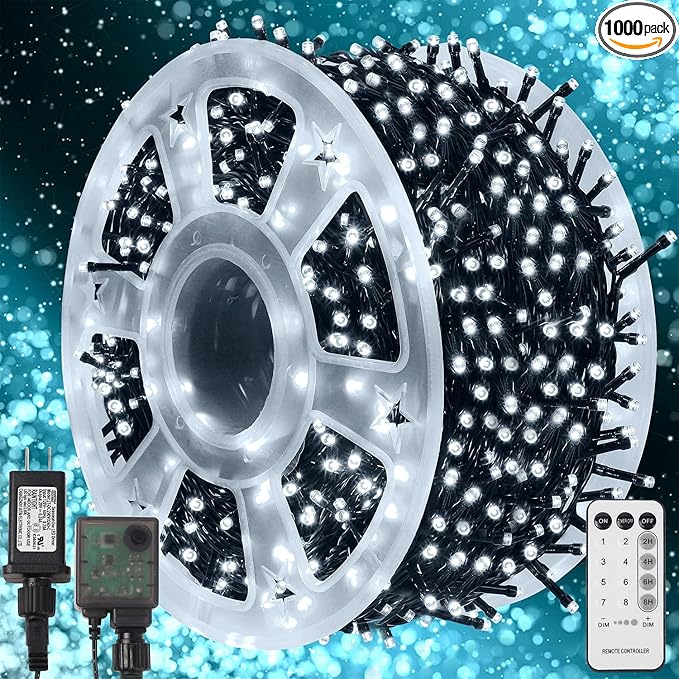 WATERGLIDE 1000 LED Christmas String Lights, 328 FT Green Wire LED Decorative Fairy Lights with Remote & 8 Modes, Waterproof for Outdoor Xmas Holiday Party Garden Wedding Home Decor, Cool White