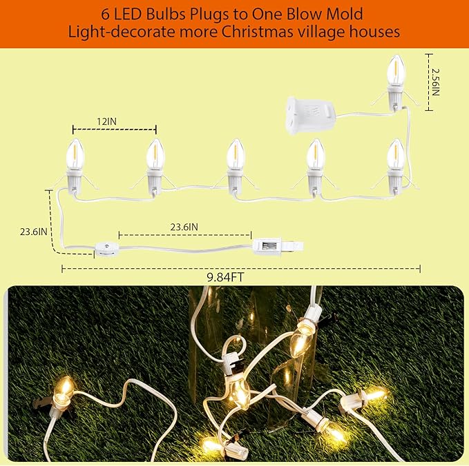 Christmas Village Lights, C7 Blow Molded Light Cord with 6 LED Bulb.9.8Feet Suitable for Christmas Village Houses, Halloween Holiday，Holiday Lighting - Warm Light