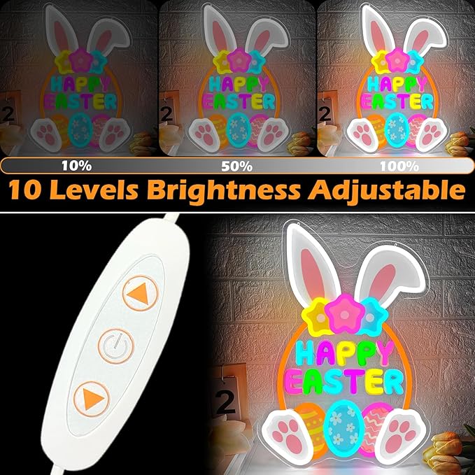 Happy Easter Neon Sign for Wall Bunny Neon Light for Bedroom Door Dimmable Eggs Led Sign Light Up Basket Sign for Shop Home Office Easter Decorations Neon Wall Art Gifts for Family