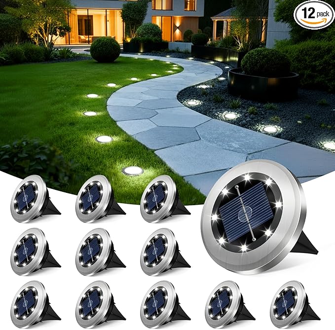 Mini Solar Ground Lights 12 Pack, Solar Lights Outdoor Waterproof, Solar Garden Lights Outdoor Landscape Lighting for Pathway Walkway Patio Yard Driveway, Cold White
