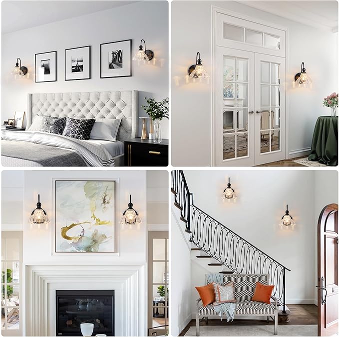 Vintage Bathroom Light Fixtures Over Mirror, 1-Light Black Wall Sconce Lighting with Flower Glass Shade, Farmhouse Vanity Lights for Bedroom Kitchen Living Room Hallway Light