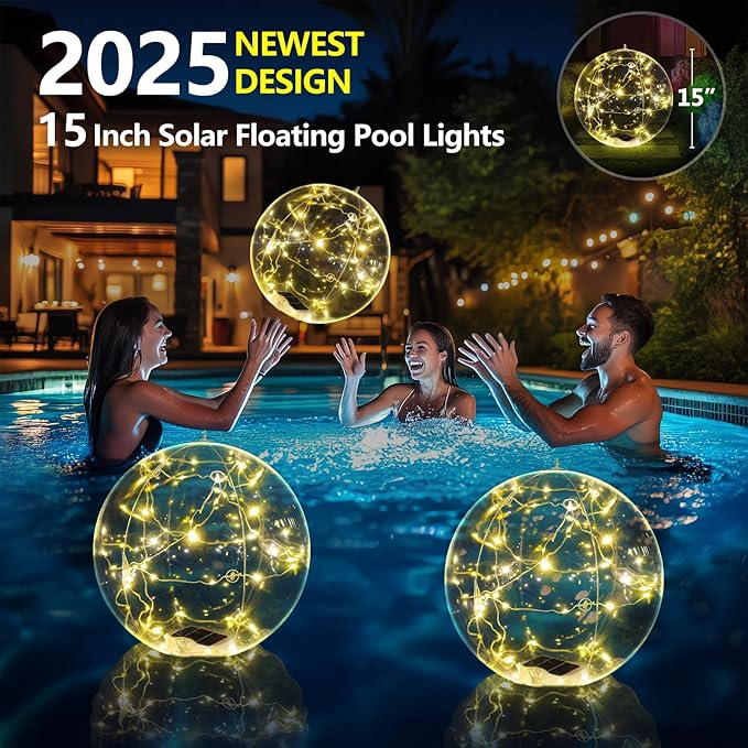 Floating Pool Lights, 15 Inch Warm White Solar Pool Light That Float, IP68 Waterproof Inflatable Light Up Pool Balls, Float or Hang Solar Floating Lights for Pool, Wedding, Party Decor - 4PCS