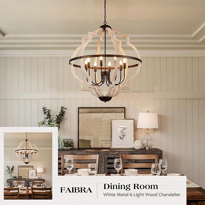 8-Light Wood Pendant Light,31.96'' Vintage Rustic White Wood Chandeliers,Retro Industrial Hanging Light Fixtures for Dining Room Entryway, Bedroom