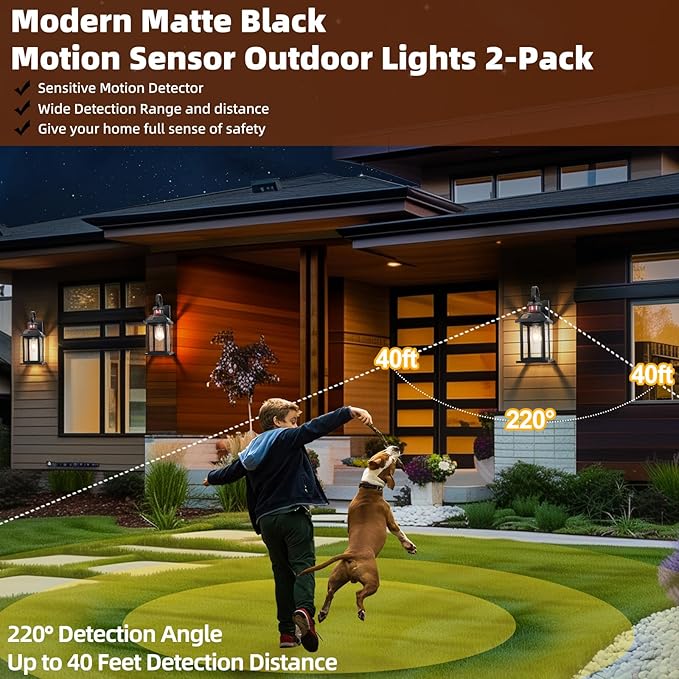 Matte Black Motion Sensor Outdoor Lighting Dusk to Dawn 2-Pack, Anti-Rust Aluminum Outdoor Light Wall Mounted House Exterior Light Fixture IP65 Waterproof Outside Wall Lantern Garage 16”