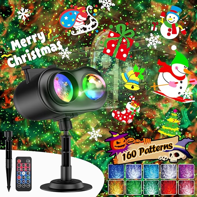 3 in 1 Christmas Projector Outdoor with Firefly & Ocean Wave Light, 160 HD Patterns Christmas Decor, 3D Dynamic Christmas Holiday Snowflake Projector Waterproof w/Timer for Outdoor Indoor Light Show