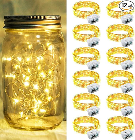 12 Pack Fairy Lights 7Ft 20 LED Twinkle String Lights 3 Modes Battery Operated Waterproof Firefly Starry for Mason Jar Wedding Birthday Party Table Centerpieces Bedroom Christmas,Warm White