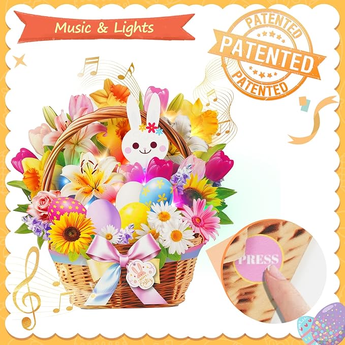 3D Pop Up Easter Flower Basket Card with Music & Lights – Bunny, Eggs, Lily, Tulip, Daisy Bouquet – Envelope Included – Gift & Decoration