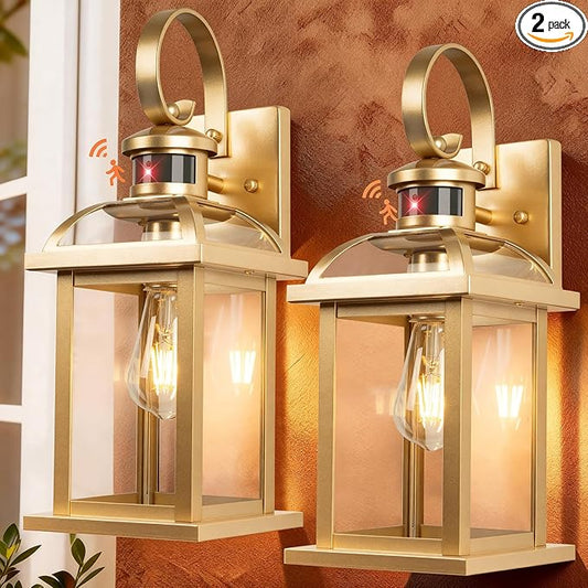 Gold Motion Sensor Outdoor Light Fixtures Dusk to Dawn 2-Pack, 16 Inch Brass Outdoor Wall Sconces Photocell Outside Lights for House Front Porch Lights Carriage Coach Lights Courtyard