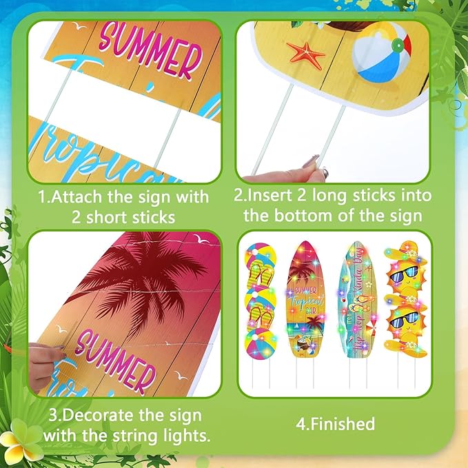 Bencailor 4 Pcs Summer Outdoor Yard Decoration Summer Beach Pool Yard Signs with Stakes LED Hawaiian Themed Party Supplies Beach Ball Surfboard Slipper Decor for Outdoor Lawn Garden Patio