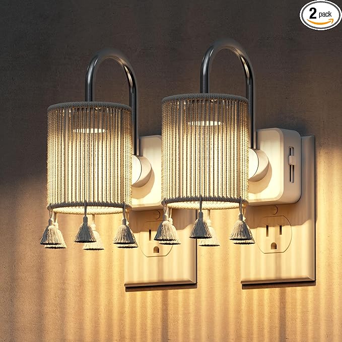 L LOHAS LED Night Lights Plug into Wall, 2 Pack Boho Fabric Cylinder Night Light with Tassel, 0-100LM Dimmable Night Lights, Dusk to Dawn Sensor, Vintage Nightlight for Bedroom, Living Room, Hallway