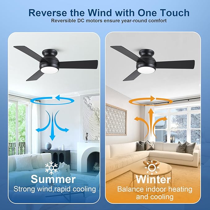 42 Inch Ceiling Fans with Lights and Remote, Black Low Profile Ceiling Fan with Light, Flush Mount, Reversible, 6 Speeds, 3CCT Dimmable, Bedroom Indoor/Outdoor Patios Use