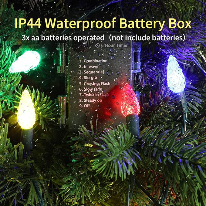 100LED C6 Lights,Green Wire,Waterproof Battery Case,Multi Functions,Timer,Multi（2 Sets - Each 50 Count LED）