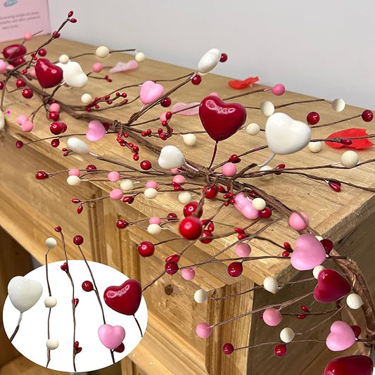 6Ft 20LED Valentines Day Decorations, Valentines Day Garland with Red & Pink Lights Timer Red Pink White Hearts Berried Artificial Lighted Valentine Garland for Home Table Mantle Wedding Decorations