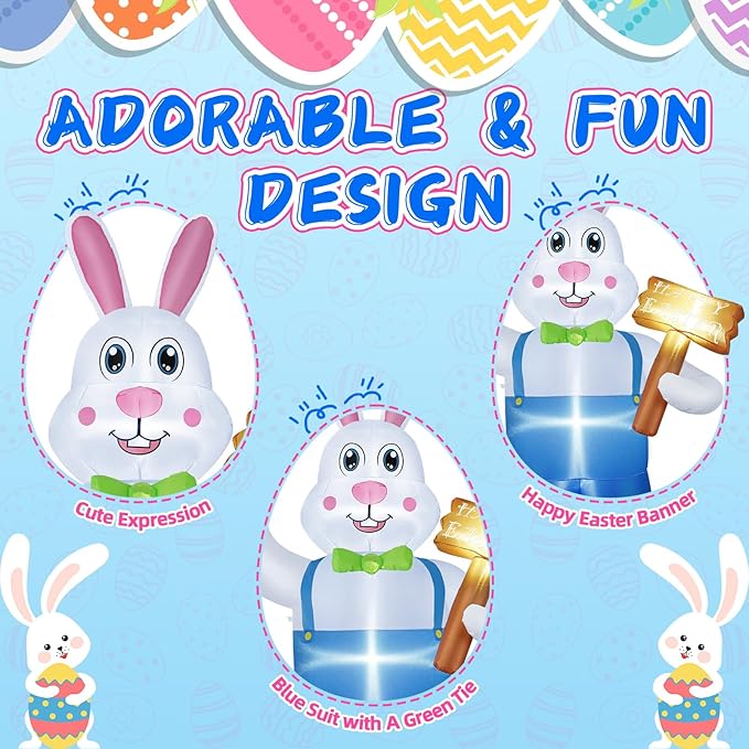 B&D 6FT Easter Inflatables Outdoor Decorations Blow Up Inflatable Bunny Holding A Sign Built-in LEDs, Happy Easter Decorations Inflatable Rabbit for Holiday Party Indoor Outdoor Yard Garden Lawn