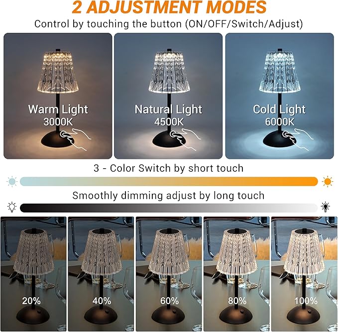 Cordless Table Lamp, 4000mAh Rechargeable Battery Operated Lamp, 3 Color Modes & Stepless Dimmable LED Touch Lamp, Portable Crystal Metal Beside Lamps for Bedroom Restaurant Outdoor(Black)