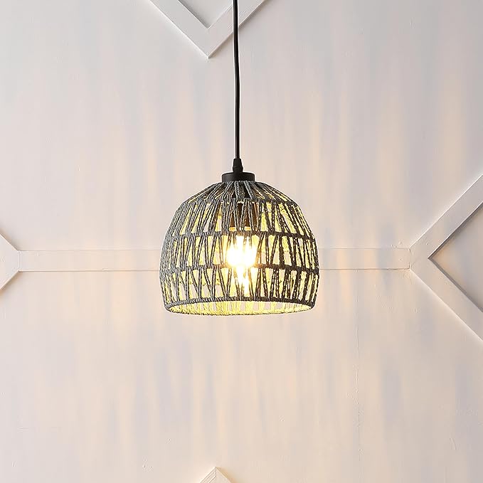 JONATHAN Y 8.25" Gray Modern Bohemian Woven Rope LED Pendant Light Fixture, Adjustable Dome Ceiling Lamp for Kitchen Island, Rope Shade, Coastal Farmhouse Decor (JYL6512D)