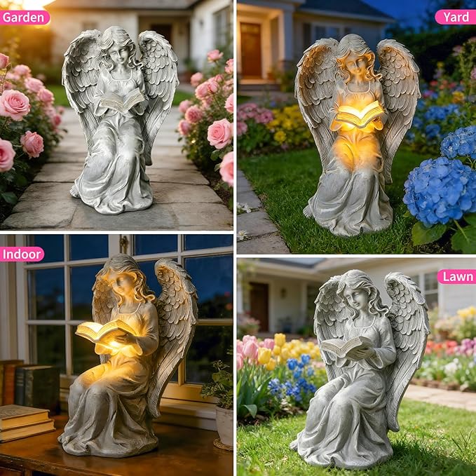 Solar Garden Outdoor Angel Statues with Book - Solar Resin Fairy Waterproof with LED Lights for Balcony Patio Lawn Table Yard Ornaments, Birthday Gifts for Women Mom Grandma