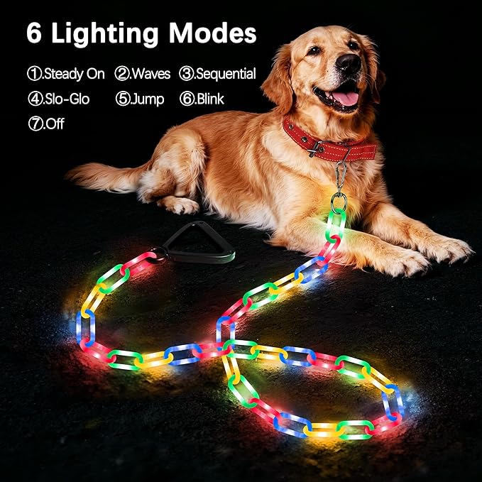 Joomer 6FT Light-Up Dog Leash for Night Walking, 60 LED Battery Operated Dog Chain Lights with 8 Modes & Timer, Glow Leashes with Secure Handle for Small to Large Pets (Multicolor)