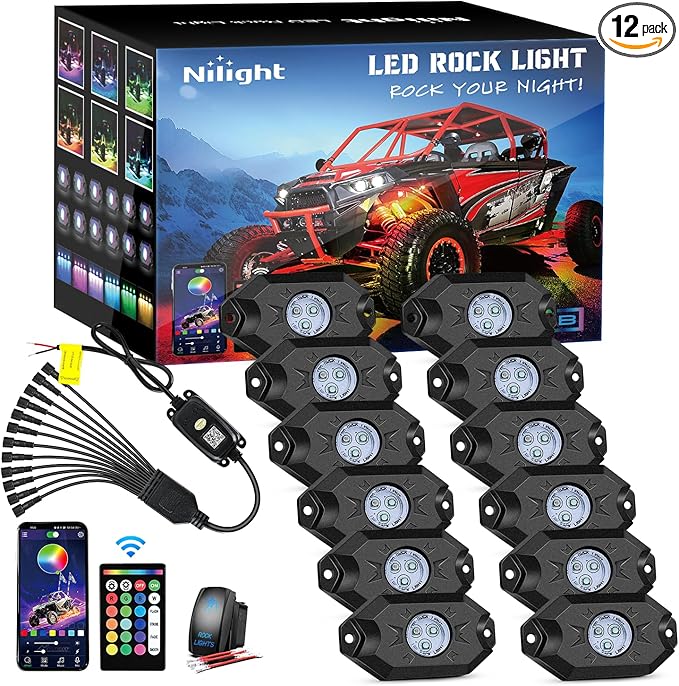 Nilight RGB LED Rock Lights Kit 12 Pods Underglow Multicolor Neon Pod with Remote & Bluetooth App Control DIY Flashing Music Mode Wheel Well Light for Truck ATV UTV RZR SUV