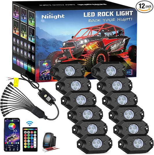 Nilight RGB LED Rock Lights Kit 12 Pods Underglow Multicolor Neon Pod with Remote & Bluetooth App Control DIY Flashing Music Mode Wheel Well Light for Truck ATV UTV RZR SUV