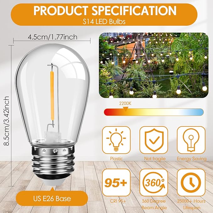 Mudder 60 Pack Halloween LED Light Bulbs 1w Replacement Light Bulbs S14 Shatterproof Waterproof String Lights Indoor Outdoor LED Lights Vintage Patio Bulb, E26 110v Regular Base (Warm White)
